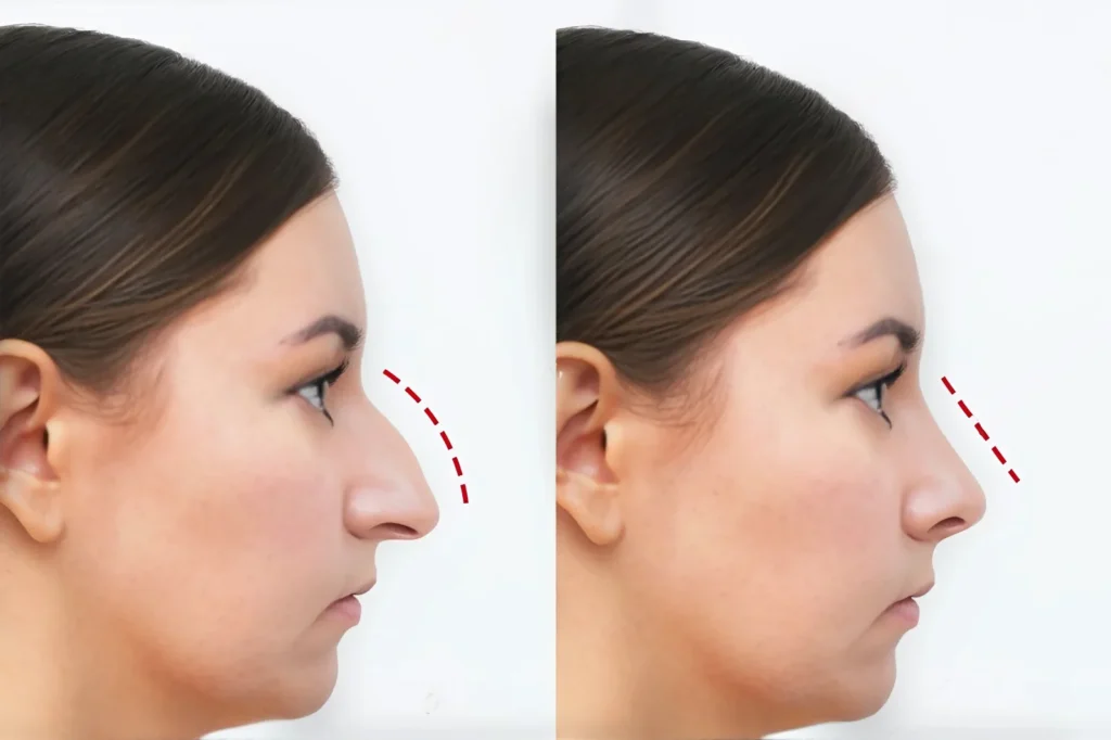 A side-by-side comparison image showing the before and after results of a reduction rhinoplasty on a woman. The left side displays the profile of her nose before surgery, which has a prominent bump, while the right side shows the refined, smoother profile of her nose after surgery.