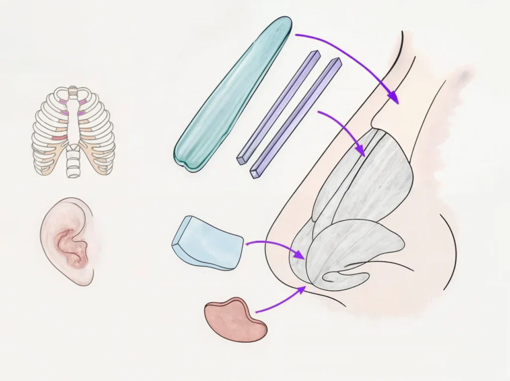 An illustration of the open rhinoplasty procedure using rib grafts. The image includes detailed diagrams showing various components such as rib cartilage, septal cartilage, and ear cartilage. Each part is labeled with arrows indicating their application in nasal reconstruction.