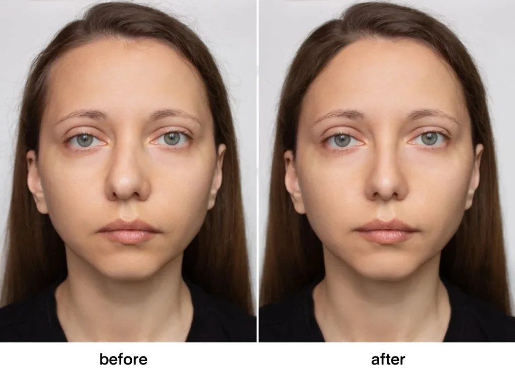 Before and after images of a woman’s face showing the results of septoplasty surgery to correct a crooked nose.